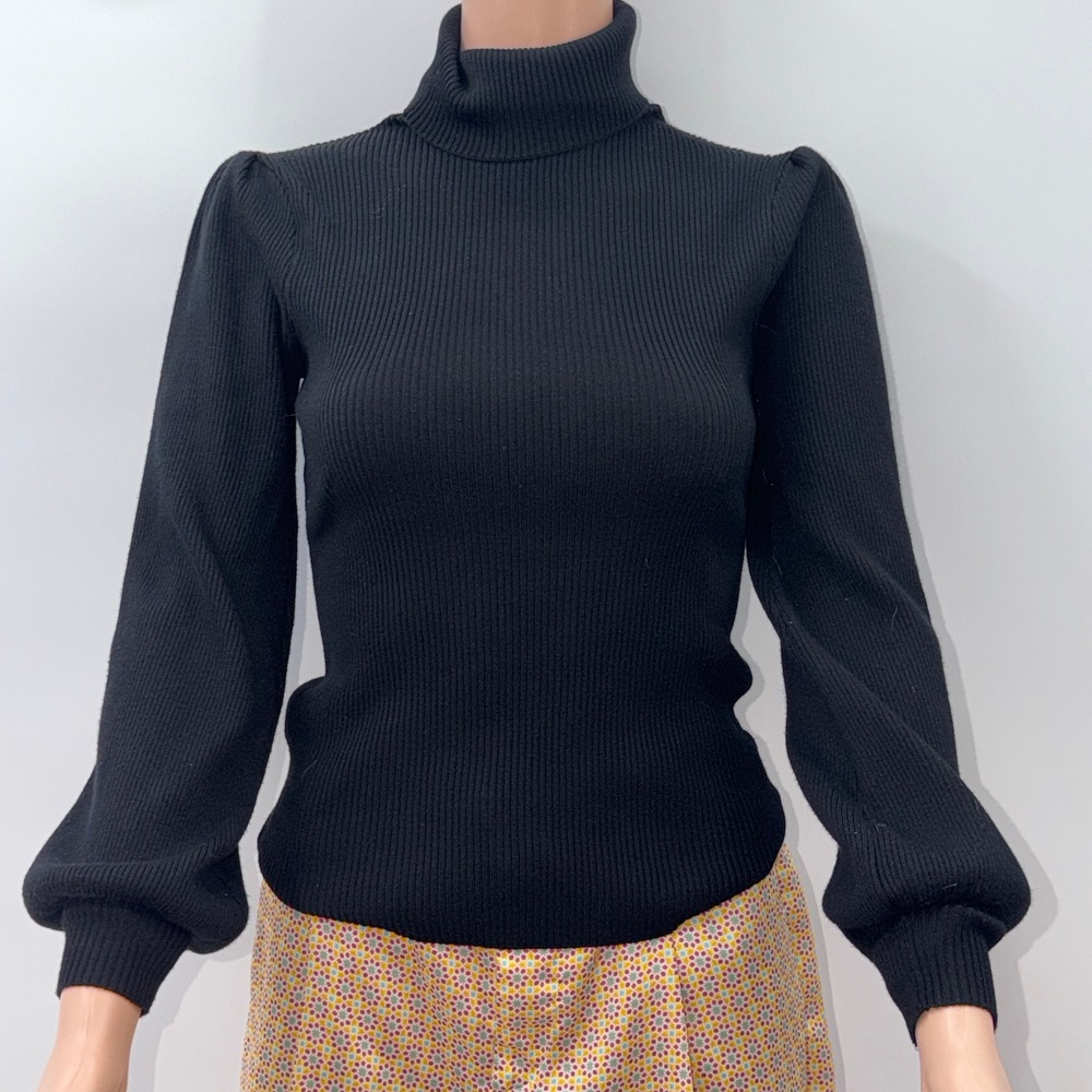 Almost Famous M Black Ribbed Turtleneck Puff Sleeve Goth Dark Academia Chic